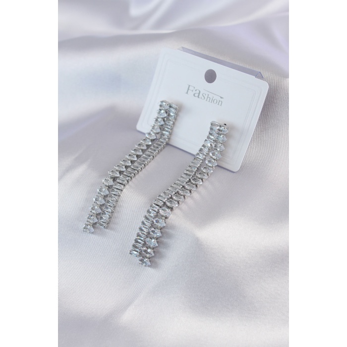 Gümüş Renk 2li Zirkon Taşlı Sallantı Model Kadın Küpe - BJ-BKP7471