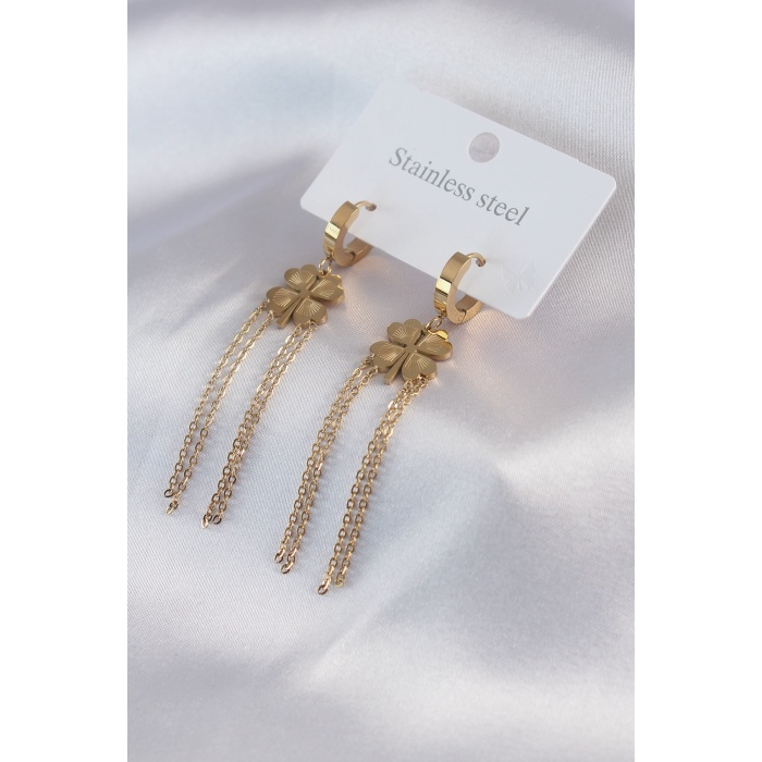 316L Çelik Gold Renk Yonca Figür 3lü Sallantı Zincir Model Kadın Küpe - BJ-BKP7480