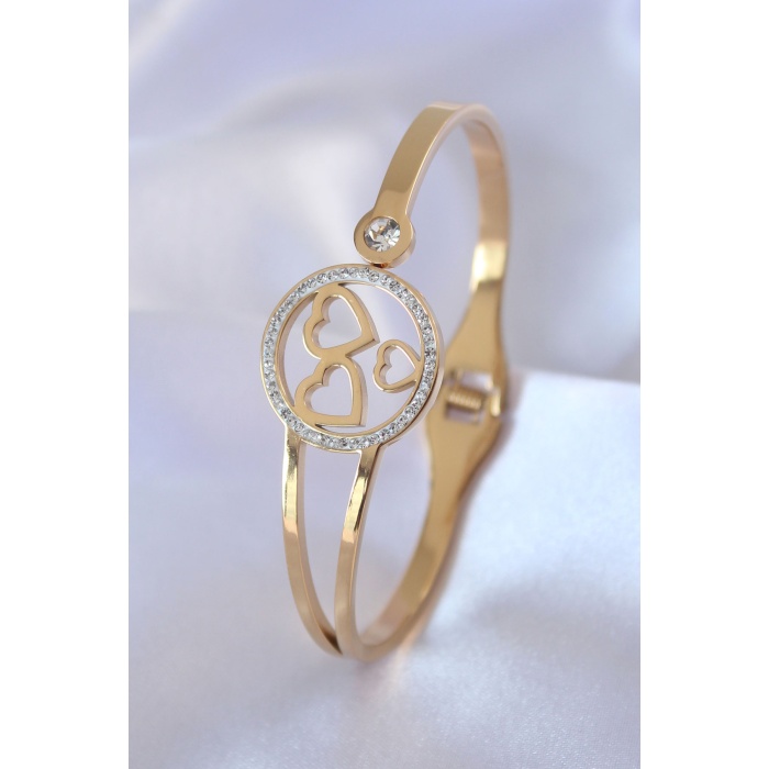 316L Çelik Gold Renk Kalp Model Zirkon Taşlı Kadın Kelepçe - BJ-BB5349