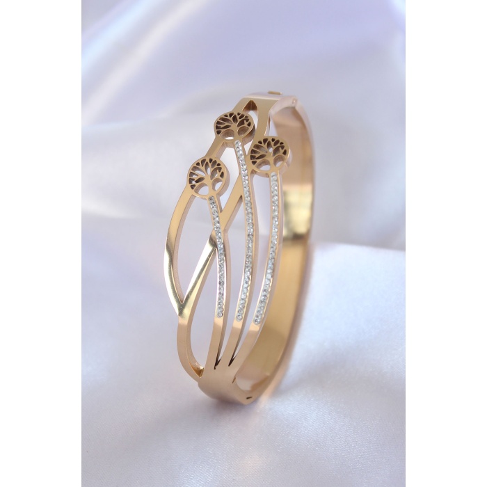 316L Çelik Gold Renk Hayat Ağacı Model Zirkon Taşlı Kadın Kelepçe - BJ-BB5354