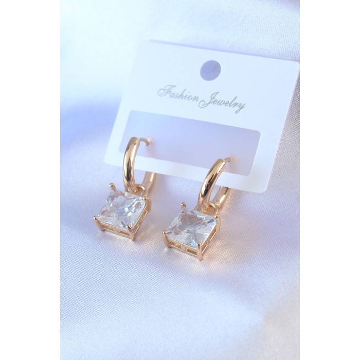 Gold Renk Kare Zirkon Taşlı Pirinç Kadın Küpe - BJ-BKP7505