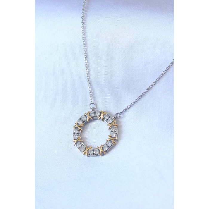 316L Çelik Gümüş Renk Zirkon Taşlı Gold Detay Xoxo Kadın Kolye - BJ-BKO7459