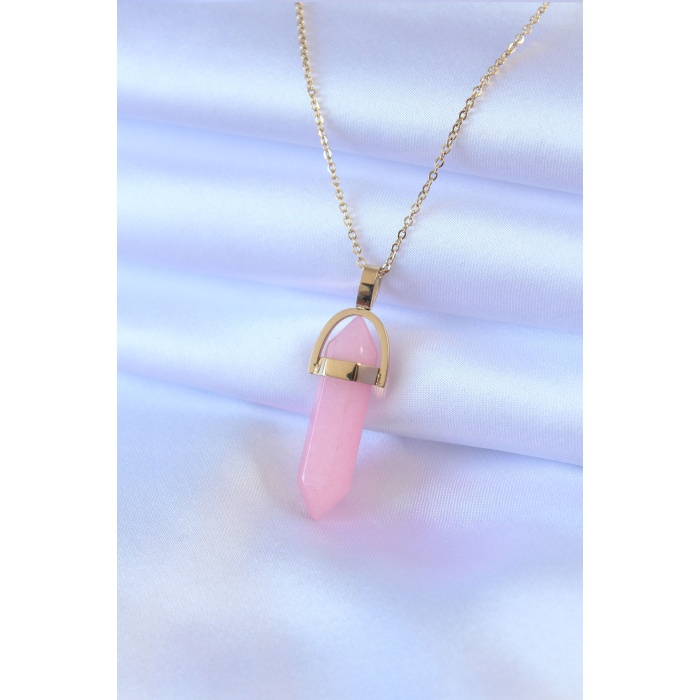 316L Çelik Gold Renk Kristal Pembe Taş Model Kadın kolye - BJ-BKO7472