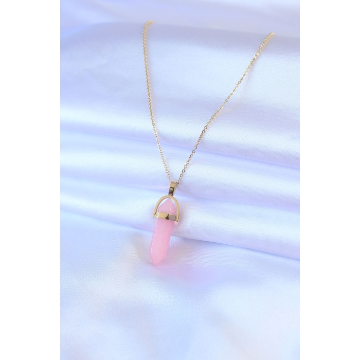 316L Çelik Gold Renk Kristal Pembe Taş Model Kadın kolye - BJ-BKO7472