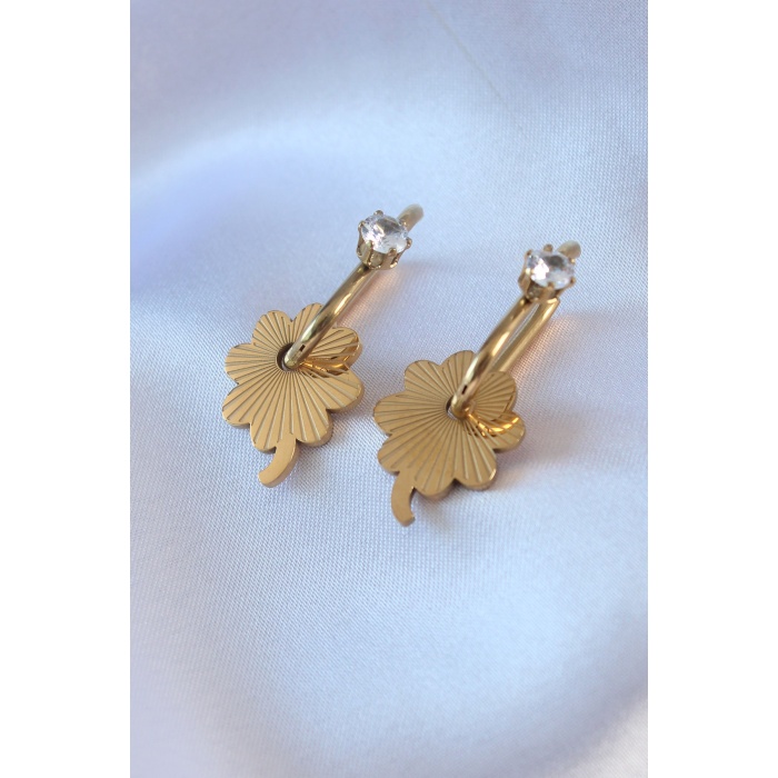 316L Çelik Gold Renk Model Zirkon Taşlı Kadın Göçmen Küpesi - BJ-BKP7538