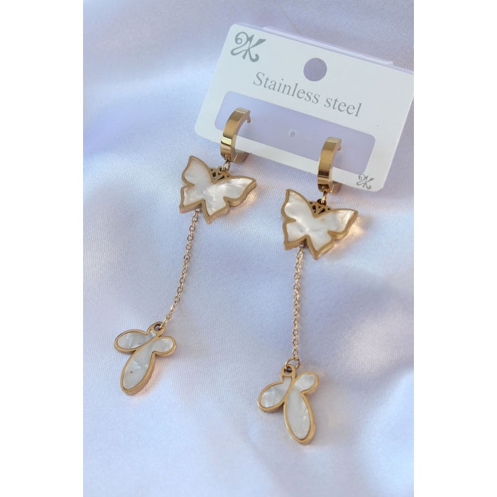 316L Çelik Gold Renk Kelebek Model Sallantılı Kadın Küpe - BJ-BKP7544