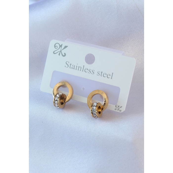 316L Çelik Gold Renk Zirkon Taşlı Romen Rakamları İşleme Detay Kadın Küpe - BJ-BKP7550