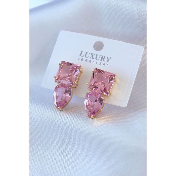 VIP Seri Gold Renk Pembe Kristal Taşlı Pirinç Kadın Küpe - BJ-BKP7554