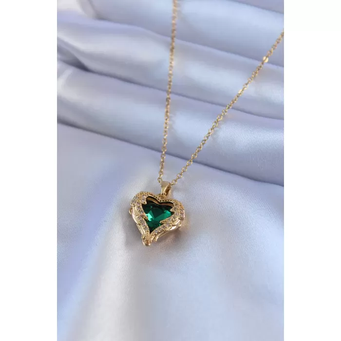 316L Çelik Gold Renk Yeşil Kristal Kalp Model Zirkon Taşlı Kadın Kolye - BJ-BKO7565