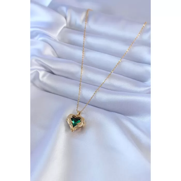 316L Çelik Gold Renk Yeşil Kristal Kalp Model Zirkon Taşlı Kadın Kolye - BJ-BKO7565