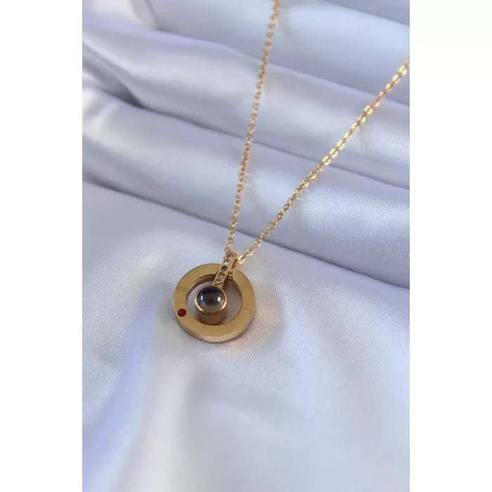 316L Çelik Gold Renk İşleme Detay Zirkon Taşlı Projeksiyon Model Kadın Kolye - BJ-BKO7569