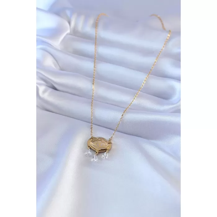 316L Çelik Gold Renk Lotus Model Zirkon Taşlı Kadın Kolye - BJ-BKO7578