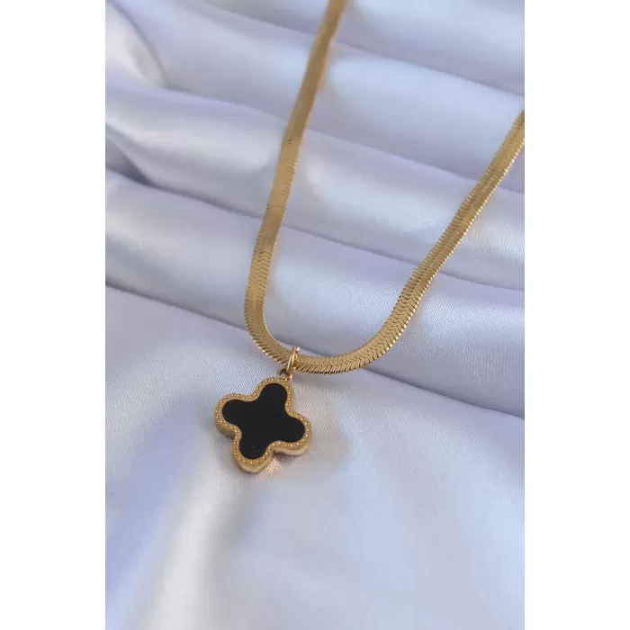 316L Çelik Gold Renk İtalyan Zincir Model Siyah Çiçek Figür Kadın Kolye - BJ-BKO7579