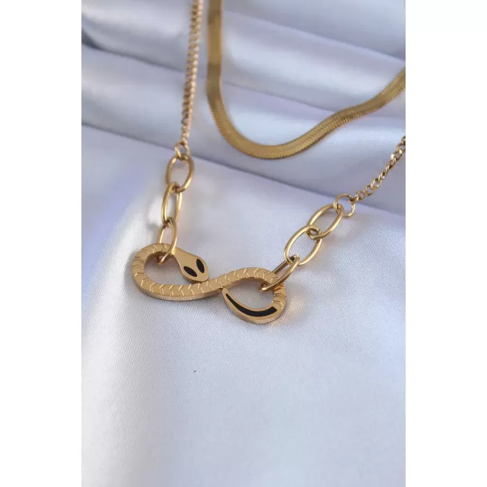 316L Çelik Gold Renk İtalyan Zincir Model 2li Yılan Model İşleme Detay Kadın Kolye - BJ-BKO7581
