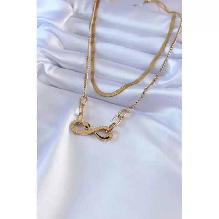 316L Çelik Gold Renk İtalyan Zincir Model 2li Yılan Model İşleme Detay Kadın Kolye - BJ-BKO7581