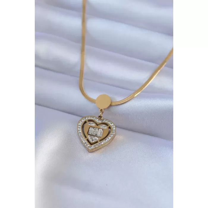 316L Çelik Gold Renk İtalyan Zincir Model Zirkon Taşlı Kalp Model Kadın Kolye - BJ-BKO7584