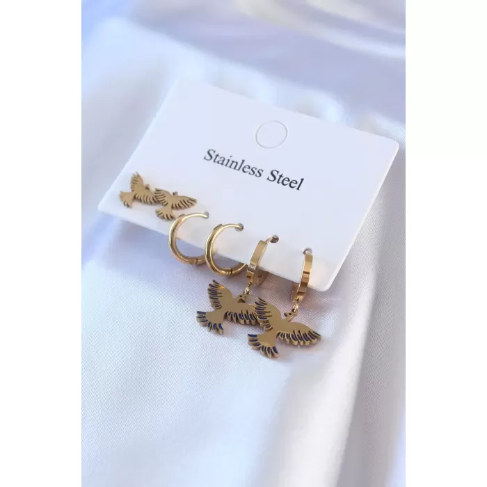 316L Çelik Gold Renk Kuş Model Kadın Küpe Seti - BJ-BKP7712