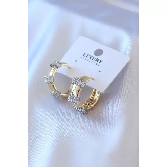 Gold Renk Zirkon Taşlı Halka Model Pirinç Kadın Küpe - BJ-BKP7724