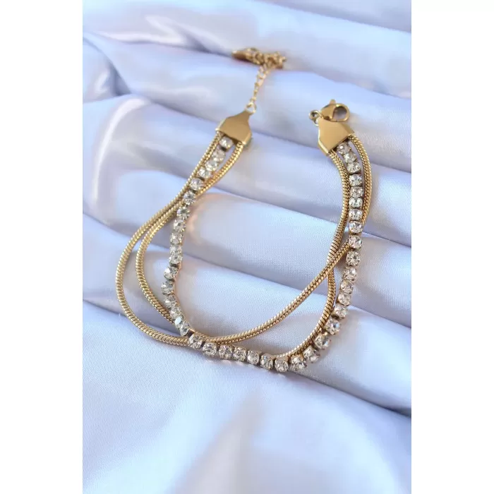 316L Çelik Gold Renk Zirkon Taşlı Kadın Bileklik - BJ-BB5426