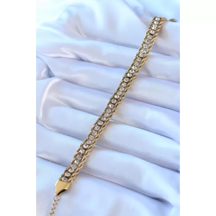 316L Çelik Gold Renk Burgu Model Zirkon Taşlı Kadın Bileklik - BJ-BB5427