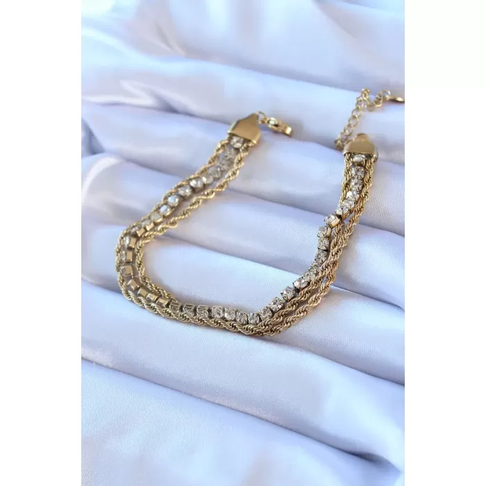 316L Çelik Gold Renk Burgu Model Zirkon Taşlı Kadın Bileklik - BJ-BB5427