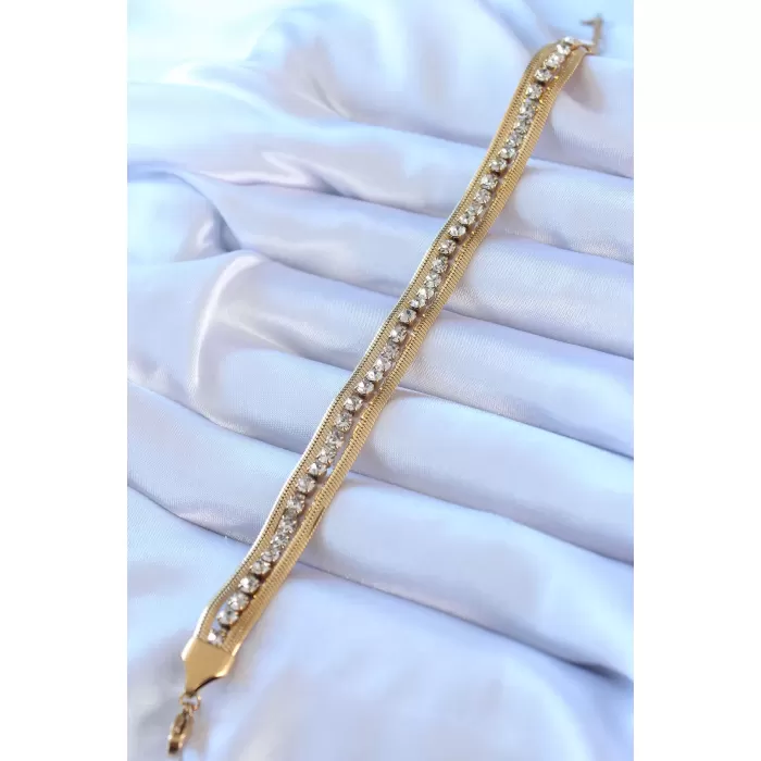 316L Çelik Gold Renk İtalyan Zincir Model Zirkon Taşlı Kadın Bileklik - BJ-BB5428