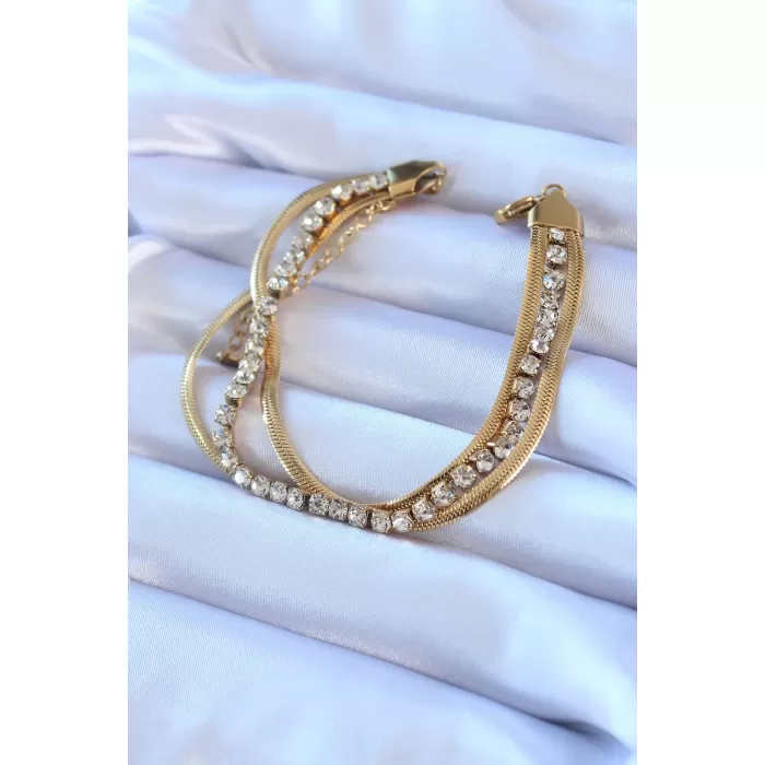 316L Çelik Gold Renk İtalyan Zincir Model Zirkon Taşlı Kadın Bileklik - BJ-BB5428