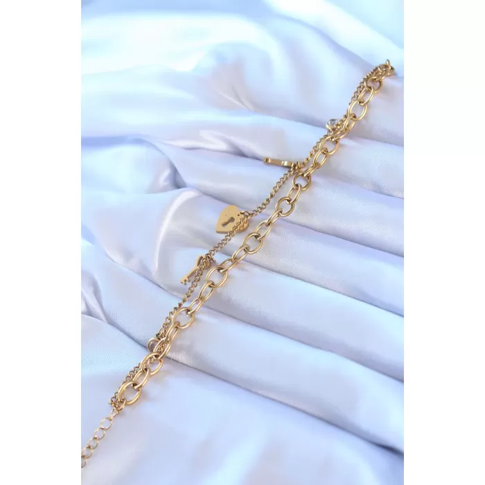 316L Çelik Gold Renk 2li Zincir Model Kilit Kalp Model Zirkon Taş Detay Kadın Bileklik - BJ-BB5432