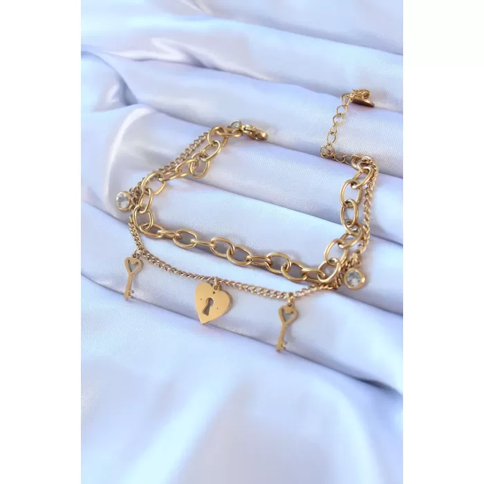 316L Çelik Gold Renk 2li Zincir Model Kilit Kalp Model Zirkon Taş Detay Kadın Bileklik - BJ-BB5432