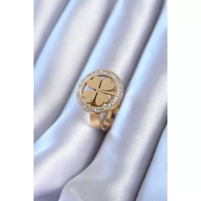 316L Çelik Gold Renk Zirkon Taşlı Yonca Model Kadın Yüzük - BJ-BYK2757