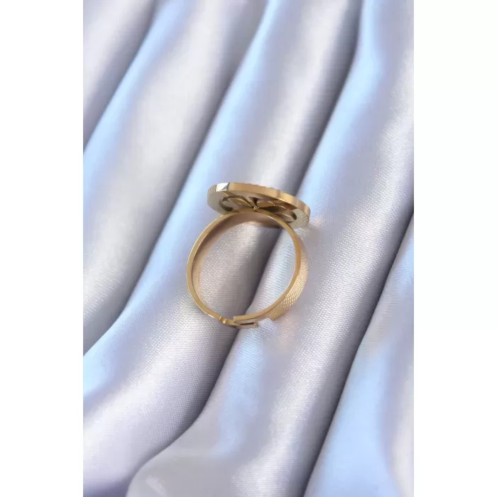 316L Çelik Gold Renk Zirkon Taşlı Yonca Model Kadın Yüzük - BJ-BYK2757