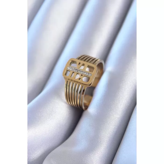 316L Çelik Gold Renk Zirkon taşlı Kaburga Model Kadın Yüzük - BJ-BYK2760