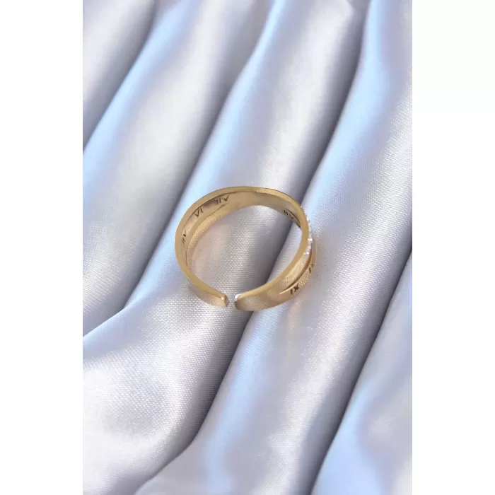 316L Çelik Gold Renk Zirkon Taşlı Romen Rakam İşleme Kadın Yüzük - BJ-BYK2764