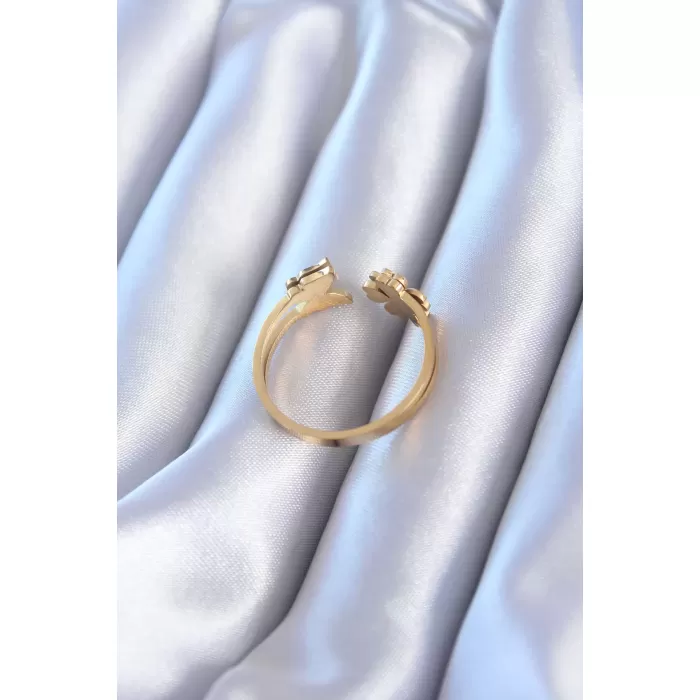 316L Çelik Gold Renk Simli Kelebek Yonca Model Kadın Yüzük - BJ-BYK2766