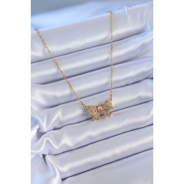 316L Çelik Gold Kurdele Model Zirkon Taşlı Kadın Kolye - BJ-BKO7599