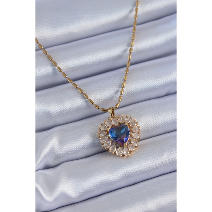 316L Çelik Gold Renk Zirkon Taşlı Kristal Mor Kalp Model Kadın Kolye - BJ-BKO7600