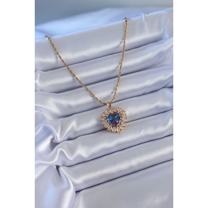 316L Çelik Gold Renk Zirkon Taşlı Kristal Mor Kalp Model Kadın Kolye - BJ-BKO7600