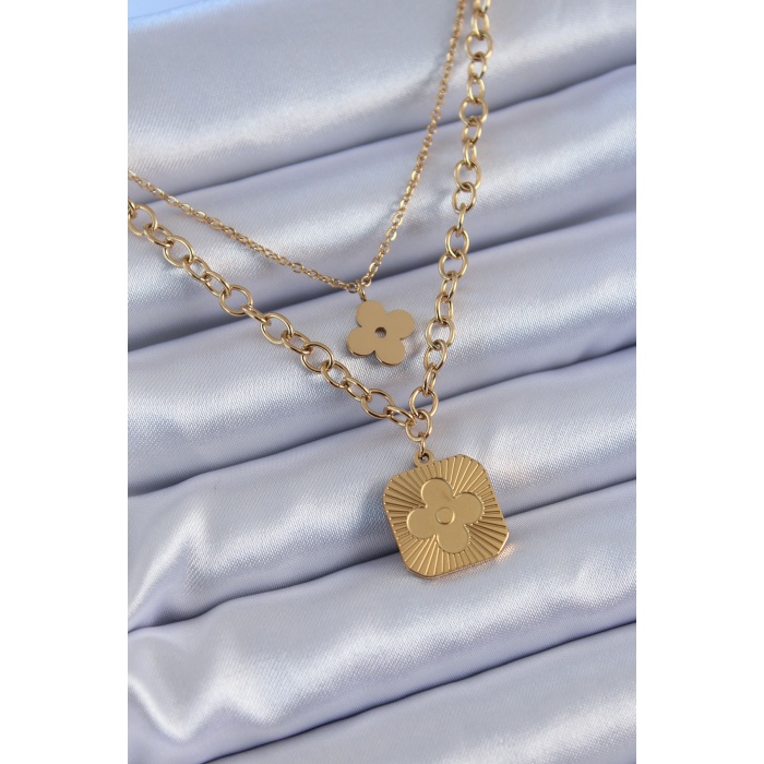 316L Çelik Gold Renk 2li Zincir Yonca Model Kadın Kolye - BJ-BKO7602