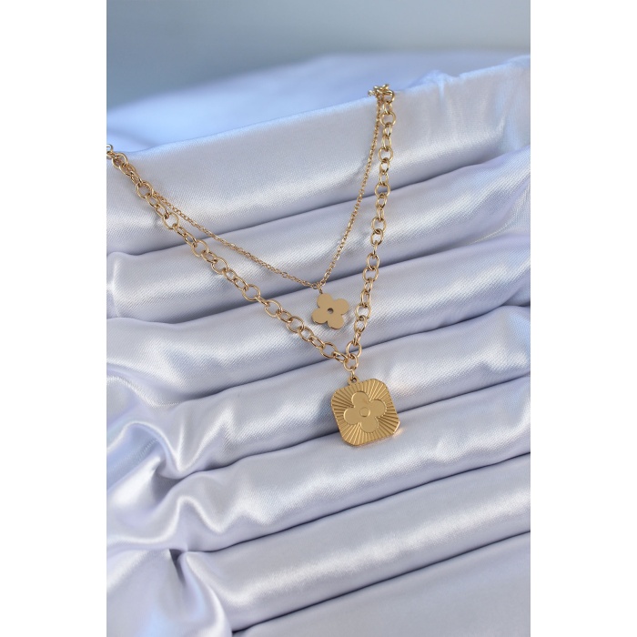 316L Çelik Gold Renk 2li Zincir Yonca Model Kadın Kolye - BJ-BKO7602
