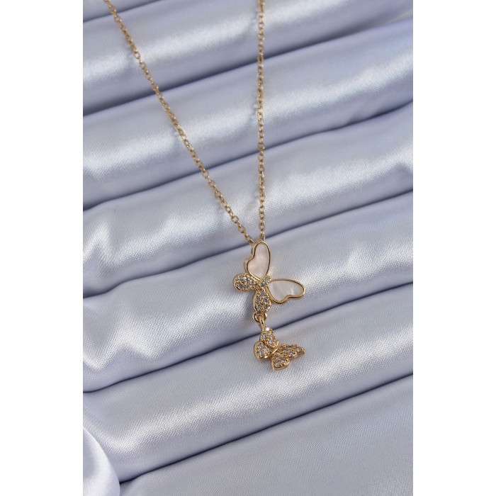 316L Çelik Gold Renk Zirkon Taşlı Kelebek Model Kadın Kolye - BJ-BKO7609