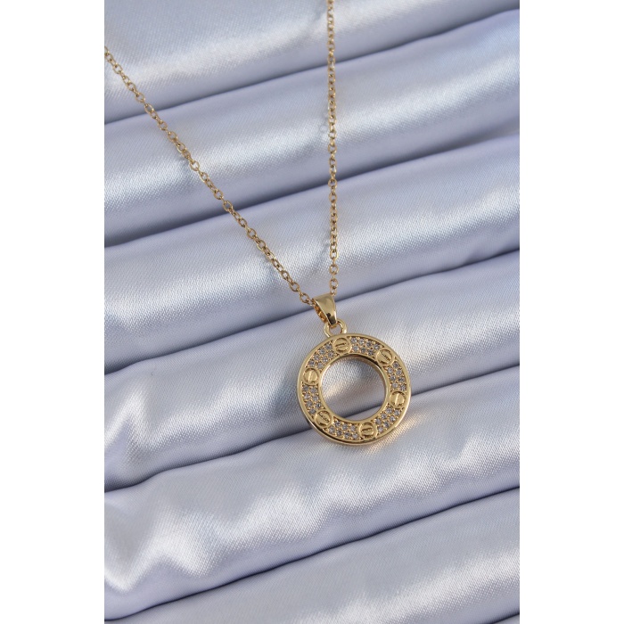 316L Çelik Gold Renk Zirkon Taşlı Madalyon Model Kadın Kolye - BJ-BKO7621