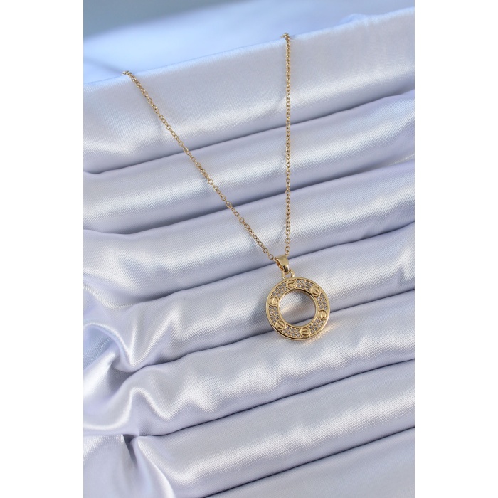 316L Çelik Gold Renk Zirkon Taşlı Madalyon Model Kadın Kolye - BJ-BKO7621