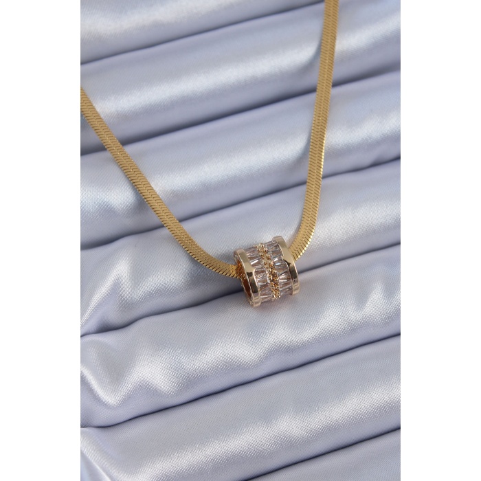 316L Çelik Gold Renk İtalyan Zincir Model Zirkon Taşlı Kadın Kolye - BJ-BKO7624