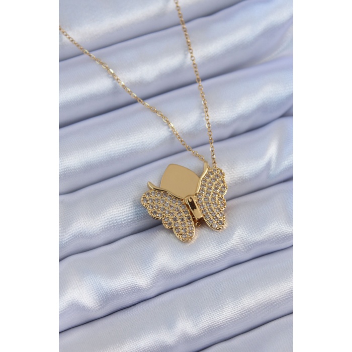 316L Çelik Gold Renk Zirkon Taşlı Kelebek Model Kadın Kolye - BJ-BKO7639