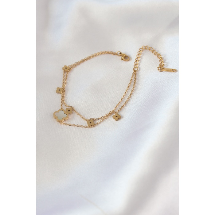 316L Çelik Gold Renk 2li Beyaz Yonca Model Kadın Bileklik - BJ-BB5439
