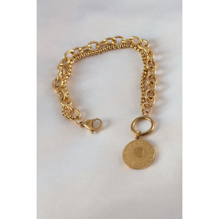 316L Çelik Gold Renk 2li Zincir Model Atatürk İşleme Madalyon Figür Kadın Bileklik - BJ-BB5452