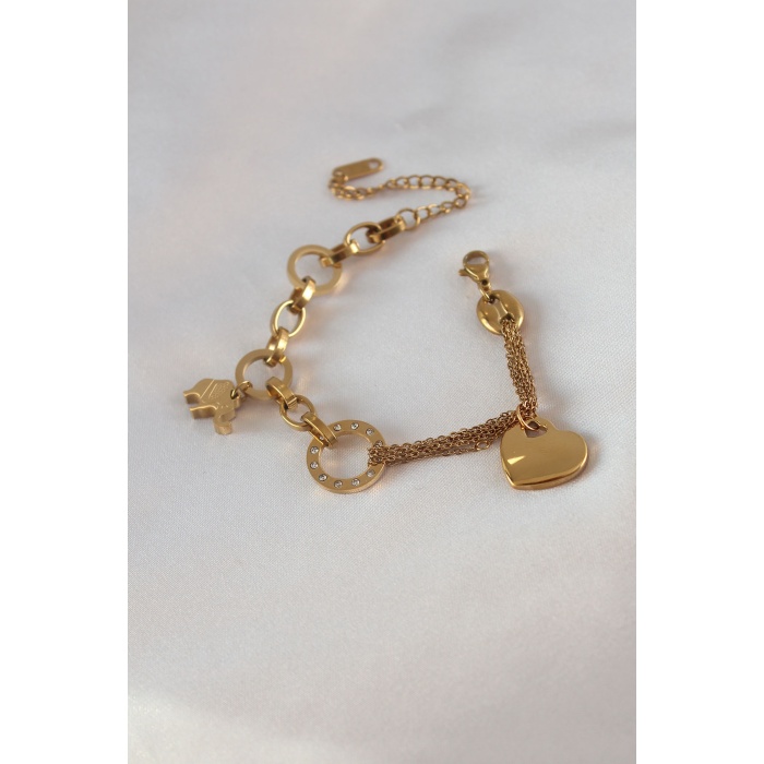 316L Çelik Gold Renk 2li Zincir Model Zirkon Taş Detay Kadın Bileklik - BJ-BB5457