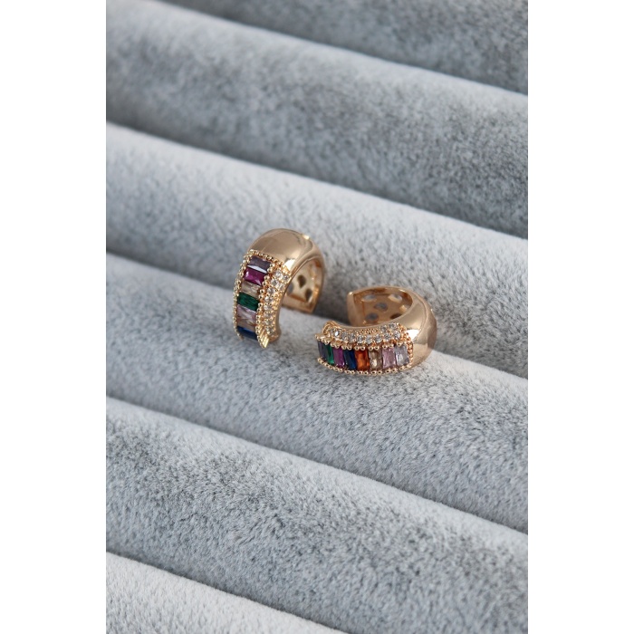 Gold Renk Renkli Kristal Taşlı Earcuff Pirinç Kadın Kıkırdak Küpe - BJ-BKP7779