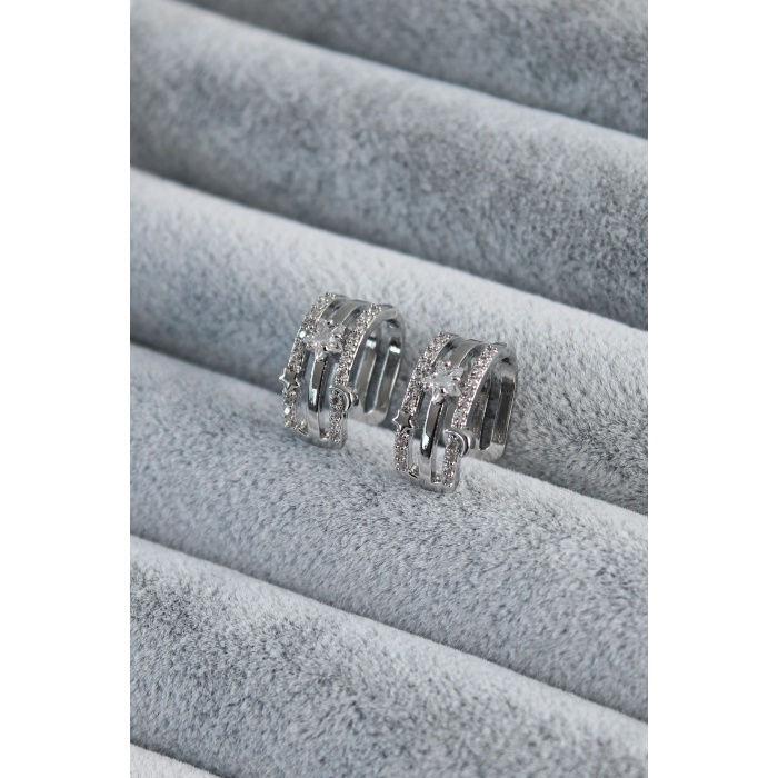Gümüş Renk Zirkon Taşlı Yıldız Model Earcuff Pirinç Kadın Kıkırdak Kadın Küpe - BJ-BKP7784
