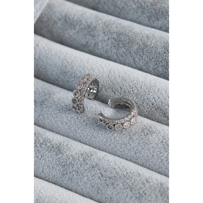 Gümüş Renk Zirkon Taşlı Earcuff Pirinç Kadın Kıkırdak Küpe - BJ-BKP7788